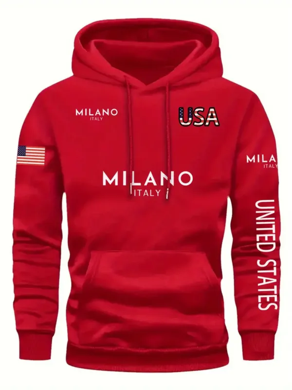 MILANO-USA-ITALY-Men's-Red-Hoodie-Letter-Print-Sweatshirt-with-Kangaroo-Pocket